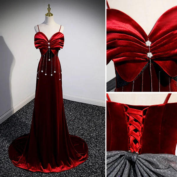 Sexy Bordeaux Velours Robe De Soirée 2023 Trompette / Sirène Bretelles Spaghetti Faux Diamant Sans Manches Dos Nu Noeud Train De Balayage Soirée Robe De Ceremonie