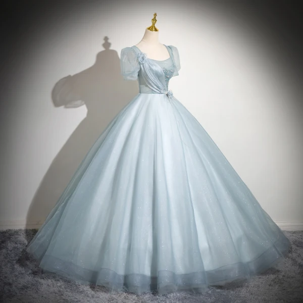 Elegant Sky Blue Beading Prom Dresses 2024 Ball Gown Square Neckline Short Sleeve Backless Floor-Length / Long Prom Formal Dresses