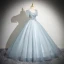 Elegant Sky Blue Beading Prom Dresses 2024 Ball Gown Square Neckline Short Sleeve Backless Floor-Length / Long Prom Formal Dresses