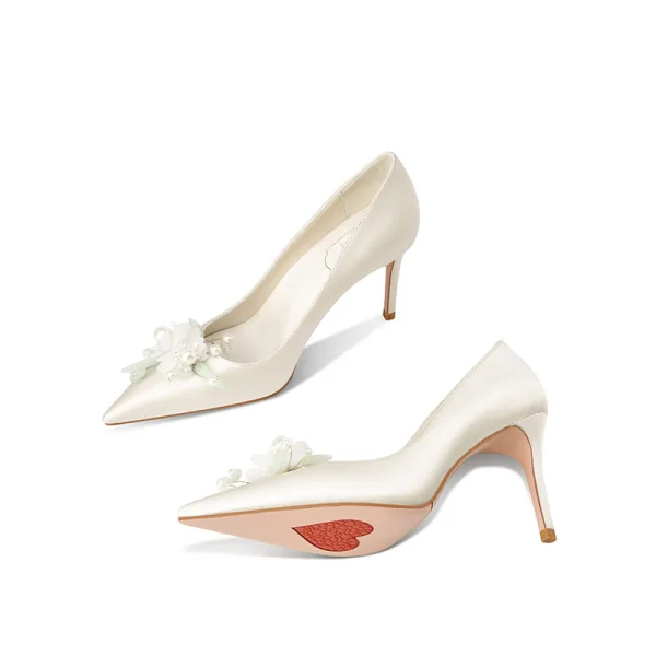 Chic / Beautiful Ivory Satin Pearl Flower Wedding Pumps 2022 Leather 8 cm Stiletto Heels Pointed Toe Pumps High Heels