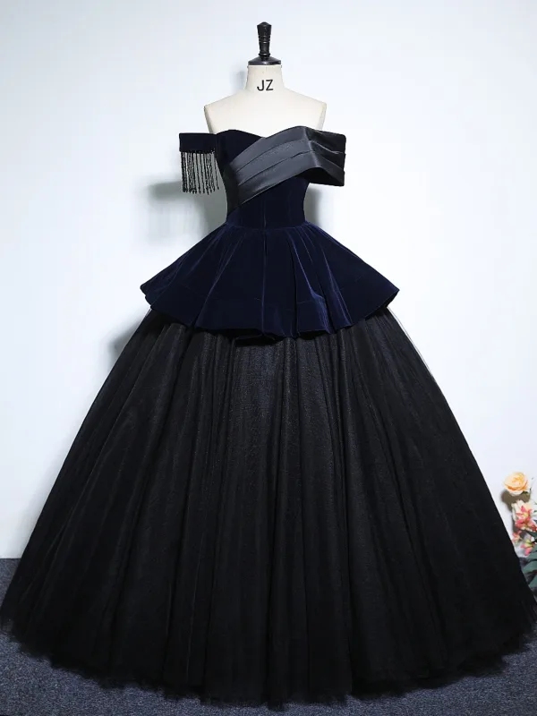 Vintage / Retro Navy Blue Beading Tassel Velvet Prom Dresses 2025 Ball Gown Off-The-Shoulder Short Sleeve Backless Floor-Length / Long Prom Formal Dresses