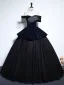 Vintage / Retro Navy Blue Beading Tassel Velvet Prom Dresses 2025 Ball Gown Off-The-Shoulder Short Sleeve Backless Floor-Length / Long Prom Formal Dresses