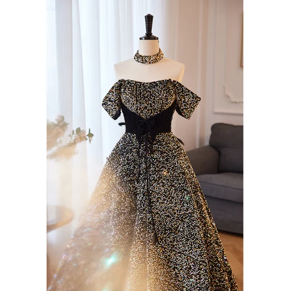 Bling Bling Noire Paillettes Robe De Bal 2023 Princesse De l'épaule Manches Courtes Dos Nu Noeud Longue Promo Robe De Ceremonie
