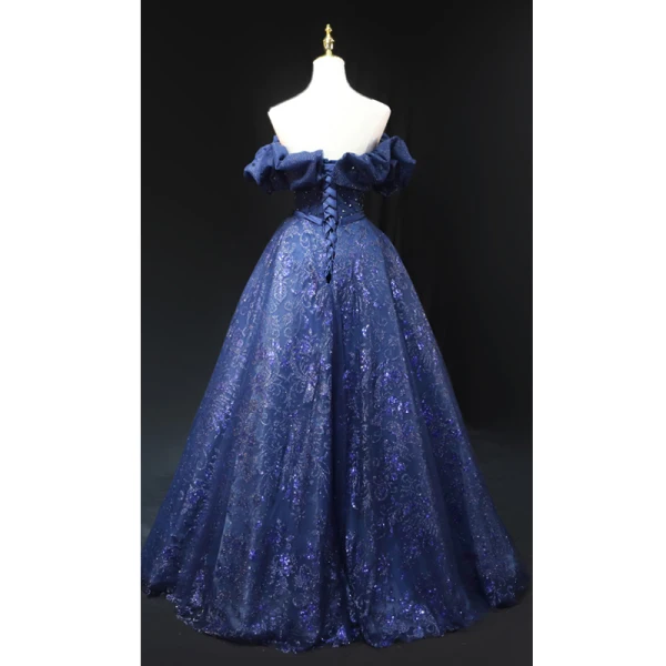 Glitzernden Marineblau Glanz Perlenstickerei Pailletten Ballkleider 2023 A Linie Bandeau Ärmellos Rückenfreies Lange Ball Festliche Kleider
