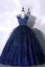Charmant Marineblau Glanz Fallende Rüsche Ballkleider 2023 Ballkleid Spaghettiträger Ärmellos Rückenfreies Lange Ball Festliche Kleider
