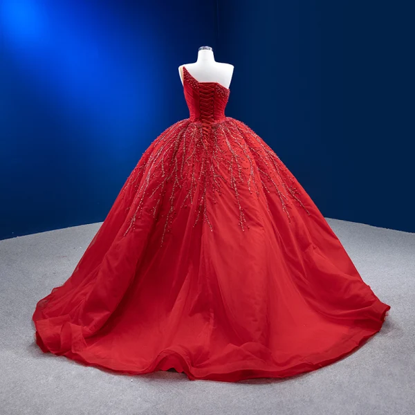 High-end Burgundy Beading Pearl Sequins Prom Dresses 2023 Ball Gown One-Shoulder Sleeveless Backless Court Train Prom Formal Dresses