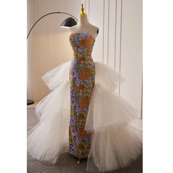 Vintage / Retro Multi-Colors Handmade Beading Sequins Lace Flower Evening Dresses 2023 Trumpet / Mermaid Strapless Sleeveless Backless Floor-Length / Long Evening Party Formal Dresses