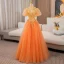 Elegant Orange Beading Sequins Prom Dresses 2024 Ball Gown High Neck Short Sleeve Backless Floor-Length / Long Prom Formal Dresses