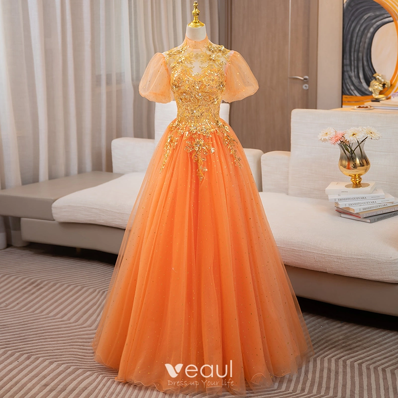 Elegantes Naranja Rebordear Lentejuelas Vestidos de gala 2024 Ball Gown Cuello Alto Manga Corta Sin Espalda