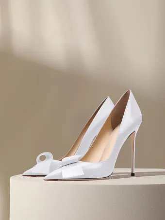 Mote Hvit Lær Sløyfe Pumps 2024 10 Cm Stiletthæler Spisse Bryllup Pumps Høyhælte