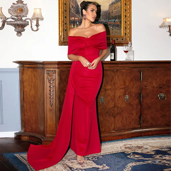 Elegant Red Evening Dresses 2022 Trumpet / Mermaid Bow Off-The-Shoulder Short Sleeve Backless Floor-Length / Long Evening Party Formal Dresses