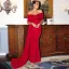 Elegant Red Evening Dresses 2022 Trumpet / Mermaid Bow Off-The-Shoulder Short Sleeve Backless Floor-Length / Long Evening Party Formal Dresses
