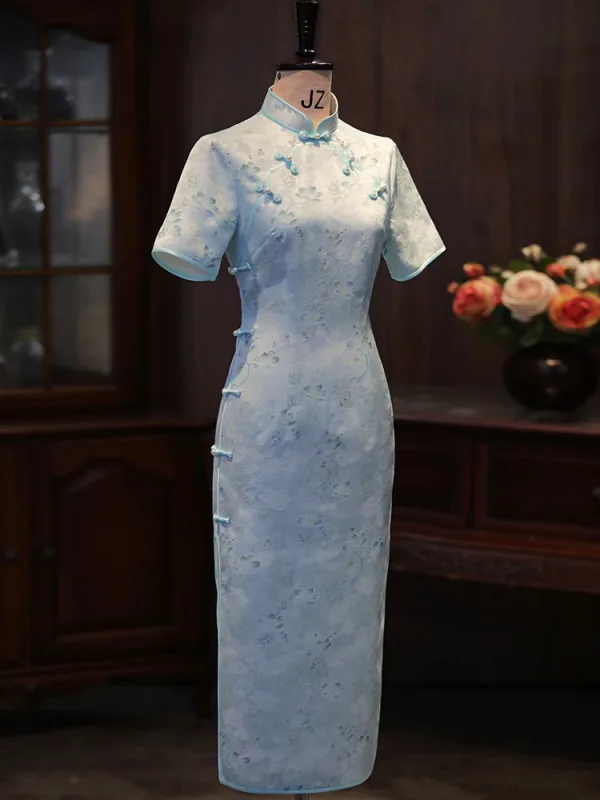 Chinese style Sky Blue Printing Tea-length Silk Cheongsam 2026 Trumpet / Mermaid High Neck Short Sleeve