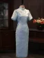 Chinese style Sky Blue Printing Tea-length Silk Cheongsam 2026 Trumpet / Mermaid High Neck Short Sleeve