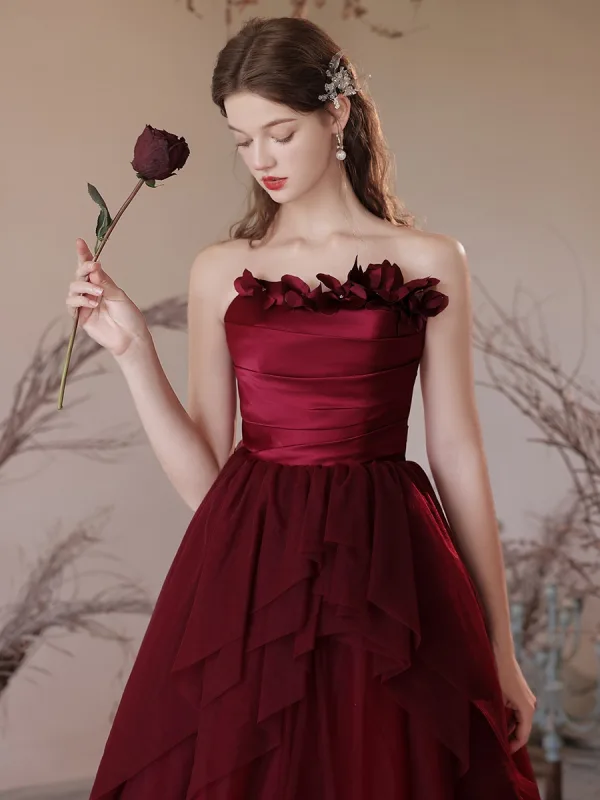 Chic / Beautiful Burgundy Appliques Prom Dresses 2024 A-Line / Princess Strapless Sleeveless Backless Floor-Length / Long Prom Formal Dresses