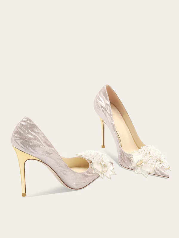 Charming Champagne Sequins Pearl Rhinestone Bow Wedding Shoes 2026 Leather 10 cm Stiletto Heels Pointed Toe Wedding Pumps High Heels