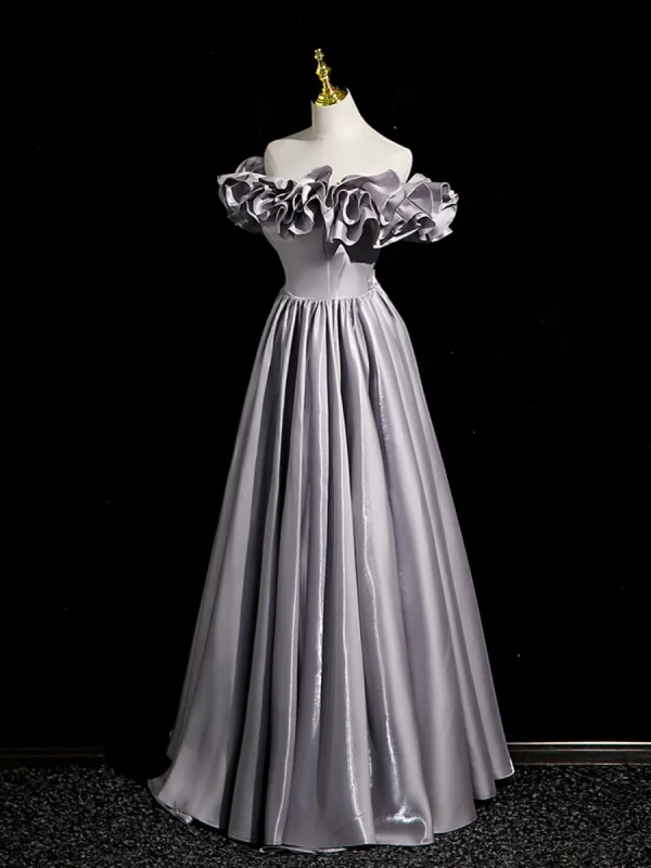 Chic / Beautiful Grey Satin Prom Dresses 2023 A-Line / Princess Ruffle Off-The-Shoulder Sleeveless Backless Floor-Length / Long Prom Formal Dresses