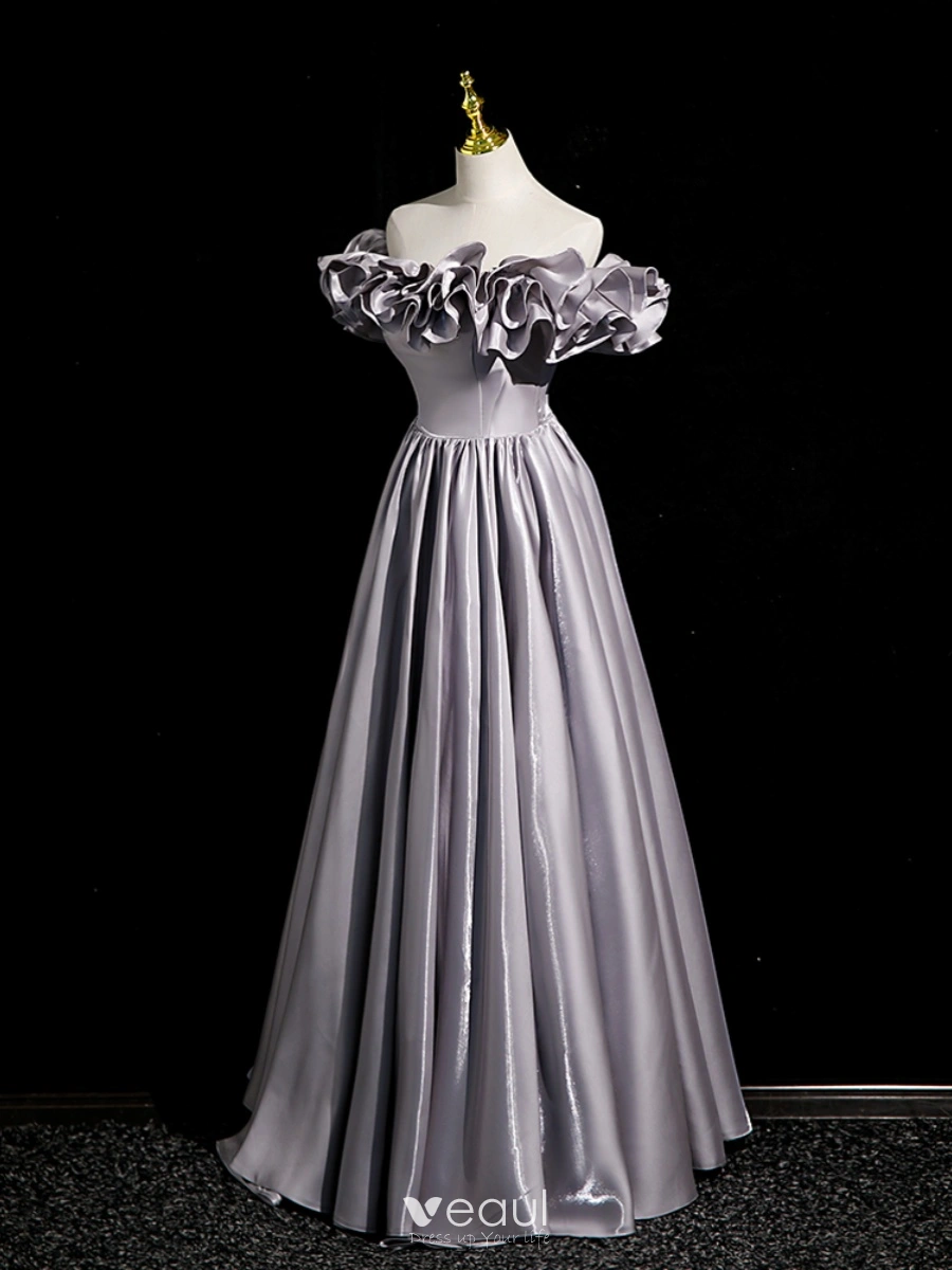 A-Line Off Shoulder Ruffles Gray Satin Prom Dress A-Line Off Shoulder Ruffles Gray Satin Prom Dress