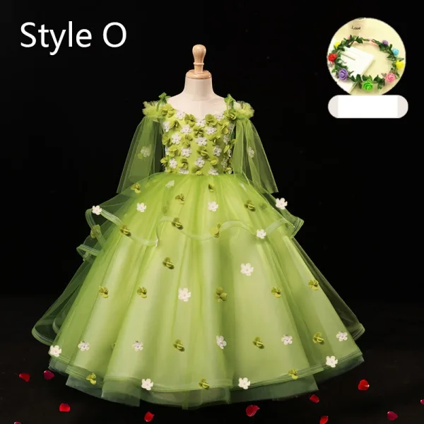 Flower Fairy Sage Green Appliques Birthday Flower Girl Dresses 2024 Ball Gown V-Neck Bell sleeves Floor-Length / Long