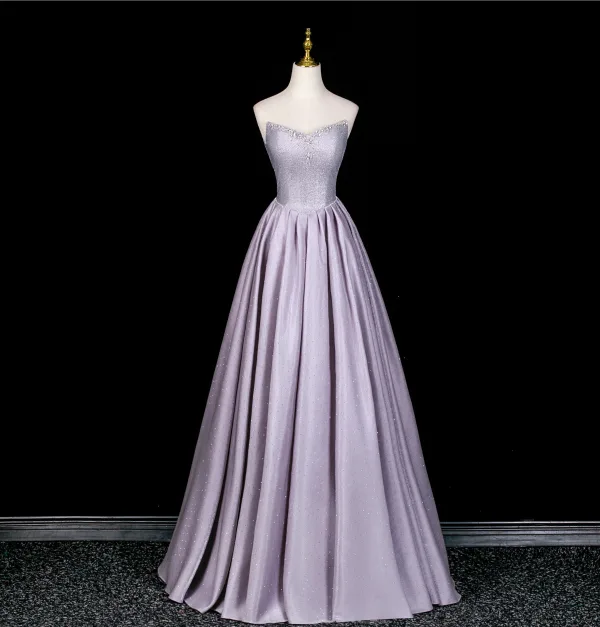 Charmant Lavendel Strass Pailletten Ballkleider 2026 A Linie Off Shoulder Kurze Ärmel Rückenfreies Lange Festliche Kleider