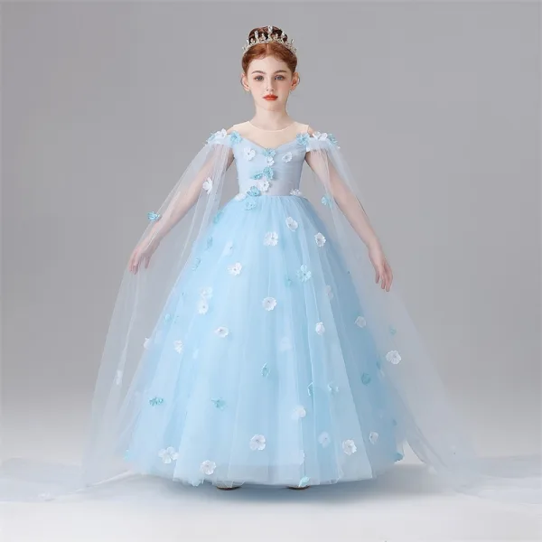 Chic / Beautiful Sky Blue Appliques Birthday Flower Girl Dresses 2025 Ball Gown Scoop Neck Sleeveless Floor-Length / Long Tulle