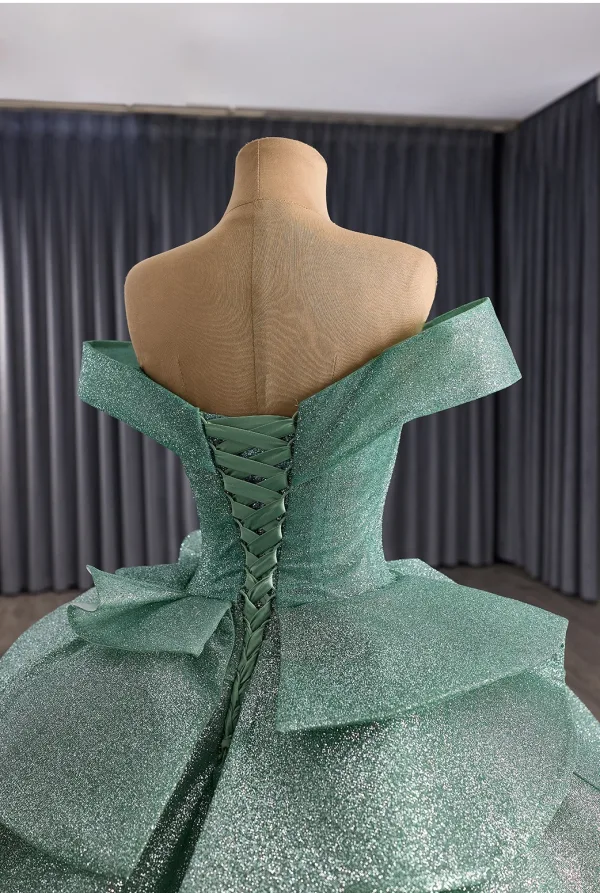 Luxury / Gorgeous Mint Green Cascading Ruffles Sequins Prom Dresses 2025 Ball Gown Off-The-Shoulder Sleeveless Backless Royal Train Formal Dresses