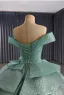 Luxury / Gorgeous Mint Green Cascading Ruffles Sequins Prom Dresses 2025 Ball Gown Off-The-Shoulder Sleeveless Backless Royal Train Formal Dresses