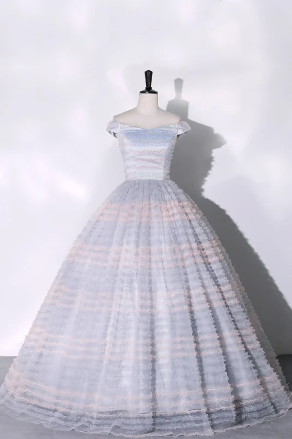Charming Sky Blue Cascading Ruffles Prom Dresses 2023 Ball Gown Off-The-Shoulder Sleeveless Floor-Length / Long Prom Formal Dresses