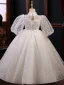 Chic / Beautiful White Spotted Lace Flower Flower Girl Dresses 2022 Ball Gown High Neck Beading Pearl Appliques Short Sleeve Floor-Length / Long Prom Flower Girl Dresses