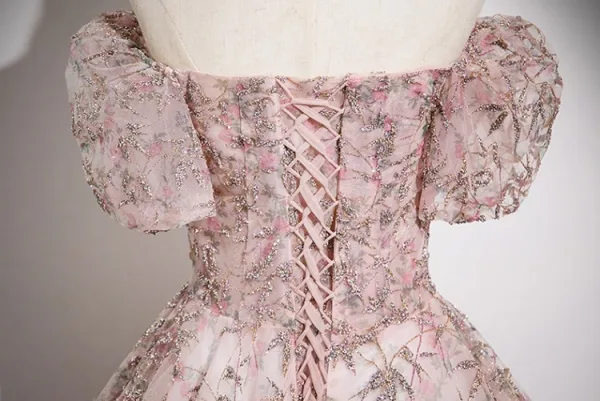 Bling Bling Rougissant Rose Paillettes Robe Boule Robe De Bal 2024 De l'épaule Manches Courtes Dos Nu Longue Promo Robe De Ceremonie
