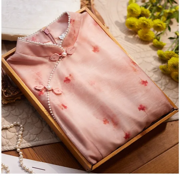 Chinese style Blushing Pink Printing Evening Party Cheongsam 2025 Trumpet / Mermaid High Neck Short Sleeve Floor-Length / Long