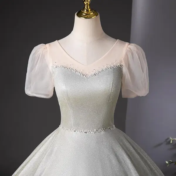 Chic / Beautiful Silver Glitter Prom Dresses 2024 Ball Gown V-Neck Short Sleeve Backless Floor-Length / Long Prom Formal Dresses