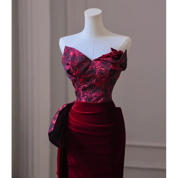 Modern / Fashion Burgundy Suede Evening Dresses 2023 Trumpet / Mermaid Strapless Sleeveless Backless Bow Floor-Length / Long Evening Party Formal Dresses