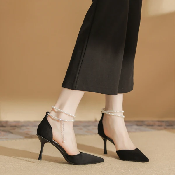 Fashion Red Prom Womens Sandals 2023 Pearl Ankle Strap 8 cm Stiletto Heels Pointed Toe Sandals High Heels