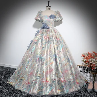 Fashion Multi Colors Appliques Prom Dresses Ball Gown Square Neckline Short Sleeve Backless Floor Length Long Prom Formal Dresses