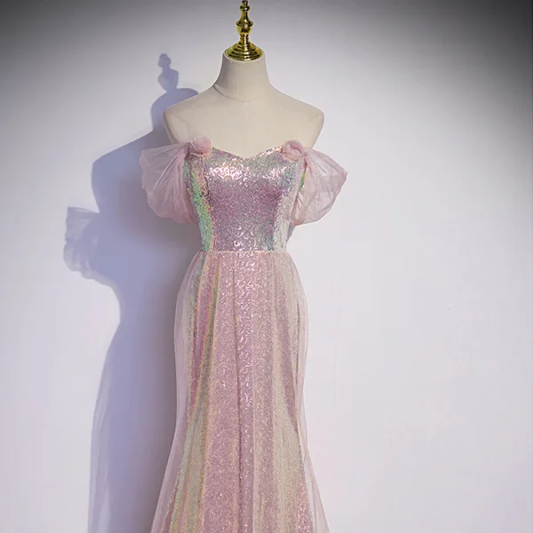 Scintillantes Rougissant Rose Paillettes Robe De Soirée Trompette / Sirène 2022 De l'épaule Manches Courtes Dos Nu Train De Balayage Soirée Robe De Ceremonie