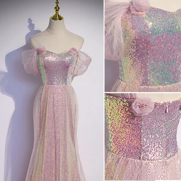Scintillantes Rougissant Rose Paillettes Robe De Soirée Trompette / Sirène 2022 De l'épaule Manches Courtes Dos Nu Train De Balayage Soirée Robe De Ceremonie