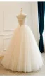 Elegante High End Champagner Handgefertigt Perlenstickerei Perle Pailletten Brautkleider / Hochzeitskleider 2026 Ballkleid Bandeau Ärmellos Rückenfreies Lange