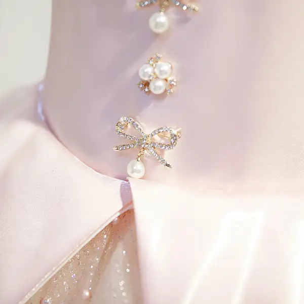 Charmant Rougissant Rose Paillettes Anniversaire Robe Ceremonie Fille 2022 Robe Boule Encolure Carrée Gonflée Manches Courtes Dos Nu Perle Faux Diamant Longue Robe Ceremonie Fille