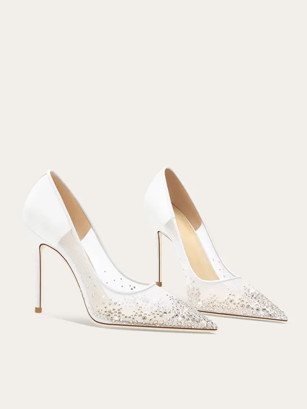 Mooie / Prachtige Witte Rhinestone Bruidsschoenen 2025 Leer 10 cm Naaldhakken / Stiletto Spitse Neus Huwelijk Pumps Hoge Hakken
