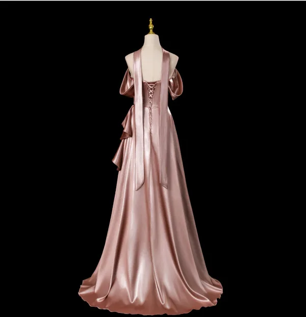 Sexy Rose Gold Satin Evening Dresses 2025 A-Line / Princess Strapless Sleeveless Backless Sweep Train Evening Party Formal Dresses