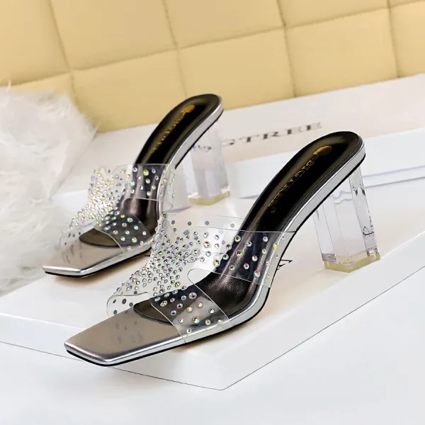 Transparent Sexy Beige Rhinestone Womens Sandals 2022 Street Wear 7 cm Thick Heels Open / Peep Toe High Heels