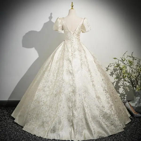 Elegant Champagne Appliques Printing Prom Dresses 2025 Ball Gown U-Neck Puffy Short Sleeve Backless Floor-Length / Long Prom Formal Dresses