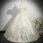 Elegant Champagne Appliques Printing Prom Dresses 2025 Ball Gown U-Neck Puffy Short Sleeve Backless Floor-Length / Long Prom Formal Dresses