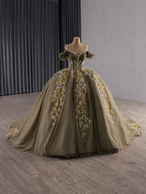 Vintage / Retro High-end Brown Beading Pearl Sequins Quinceañera Prom Dresses 2025 Ball Gown Off-The-Shoulder Short Sleeve Backless Chapel Train Formal Dresses