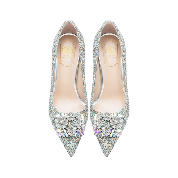 Charmig Glittrande Guld Rhinestone Paljetter Brudskor 2022 Läder 8 cm Stilettklackar Spetsiga Bröllop Pumps Brudskor Högklackade