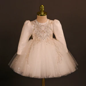 Bling Bling Blanche Perlage Paillettes Noeud Courte Anniversaire Robe Ceremonie Fille 2024 Robe Boule Encolure Dégagée Manches Longues