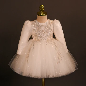 Bling Bling White Beading Sequins Bow Short Birthday Flower Girl Dresses 2024 Ball Gown Scoop Neck Long Sleeve