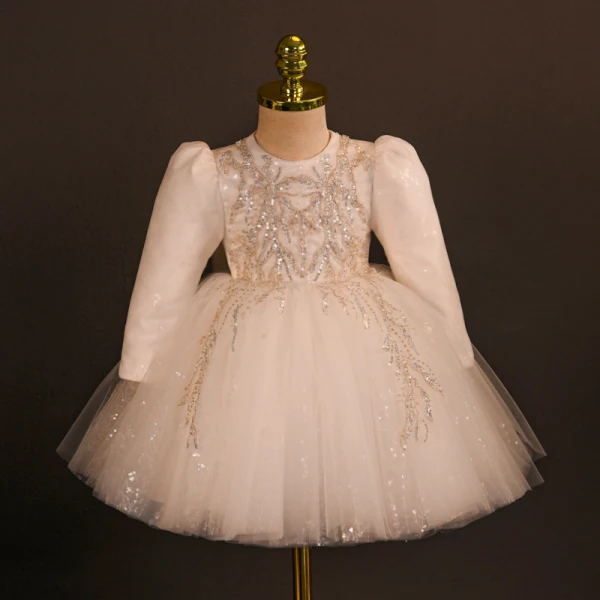 Bling Bling White Beading Sequins Bow Short Birthday Flower Girl Dresses 2024 Ball Gown Scoop Neck Long Sleeve
