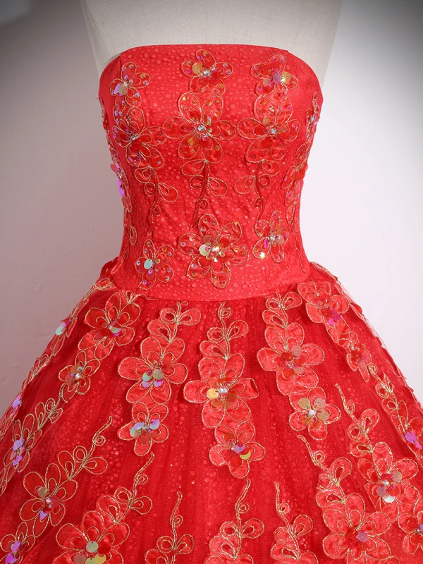 Chic / Beautiful Red Flower Sequins Prom Dresses 2024 Ball Gown Strapless Sleeveless Backless Floor-Length / Long Prom Formal Dresses